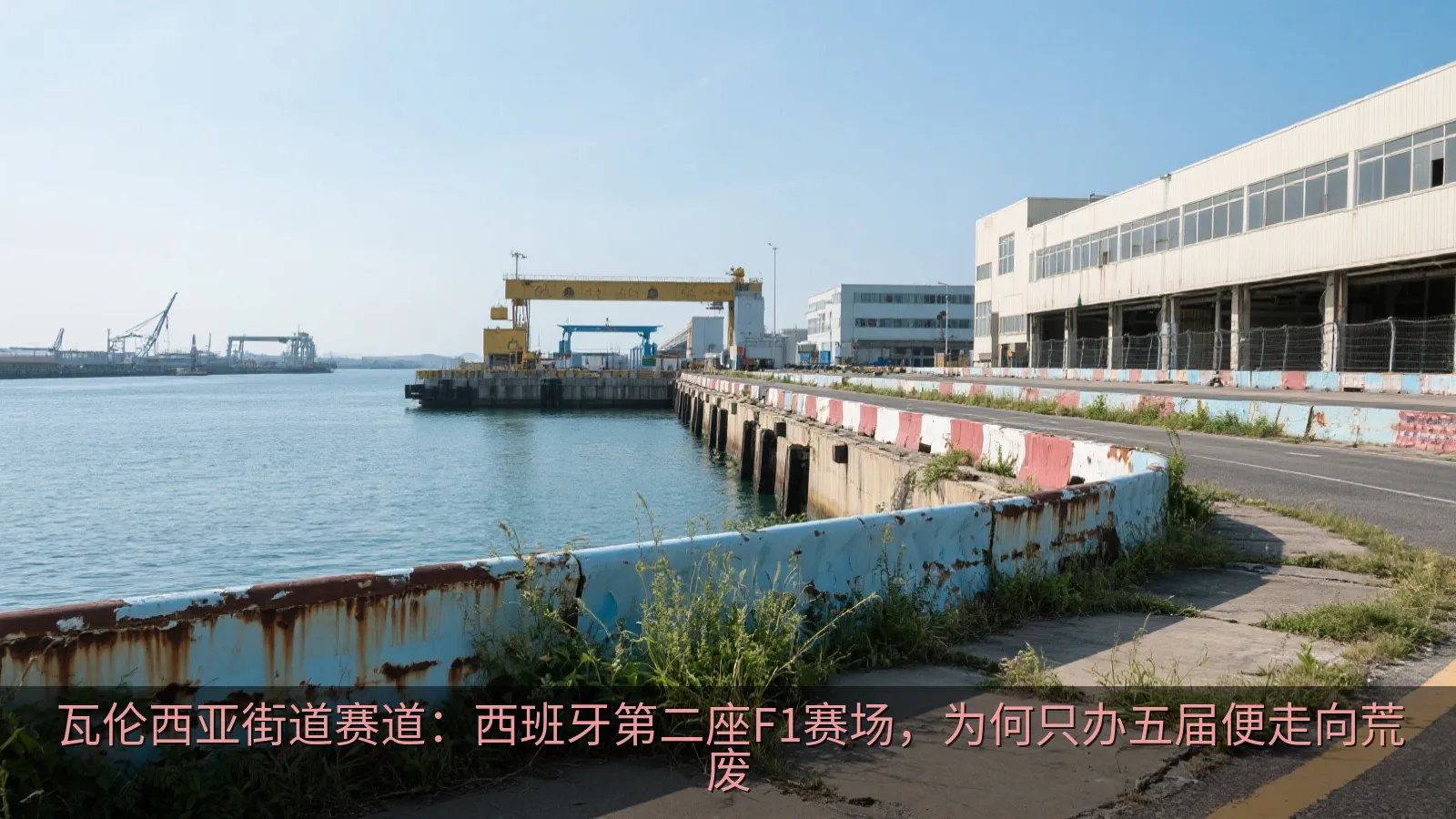 废弃街道赛道旁的护栏与港口设施